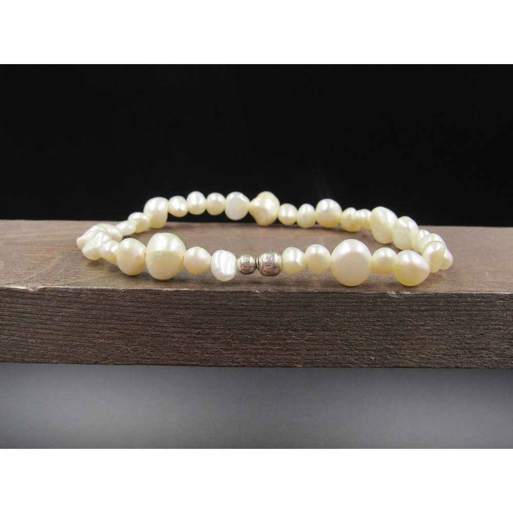 7 Inch Sterling Silver White Pearls Plain Expandable Bracelet